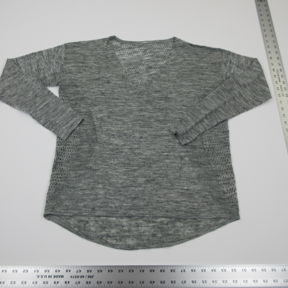 Lululemon Athletica Sweater Womens Medium Gray V Neck Open Knit Pullover